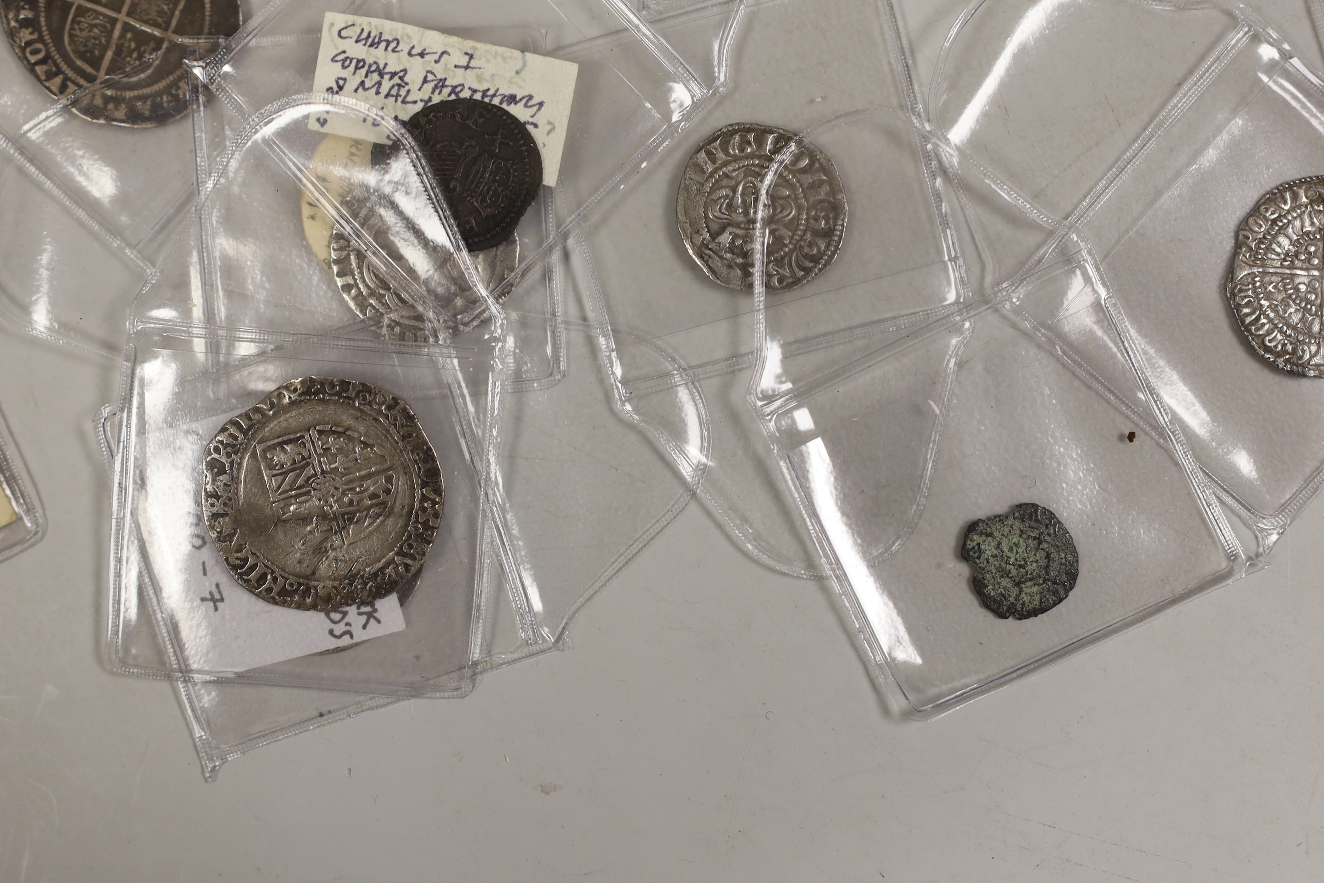 British hammered coinage, medieval to Stuart, including Edward I penny, two Henry III short cross coins, Henry III long cross coin, Henry VI halfgroat, Henry VII groat, three Elizabeth I sixpence 1569 and 1574, a Charles
